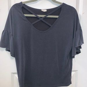 Gray cross neck ruffle sleeve top